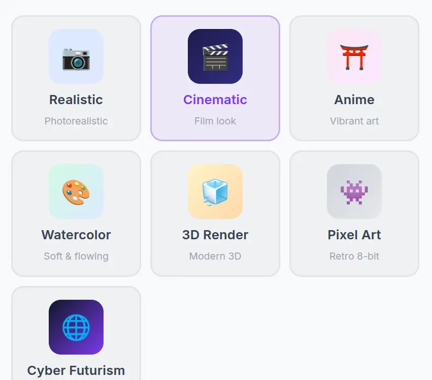 FastClips style presets gallery featuring Cinematic, Anime, Cyberpunk and more visual styles